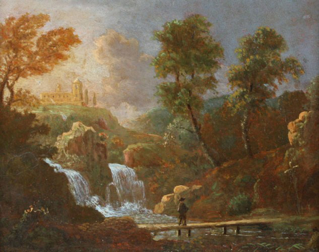 Landschap figuur op een brug bij een waterval